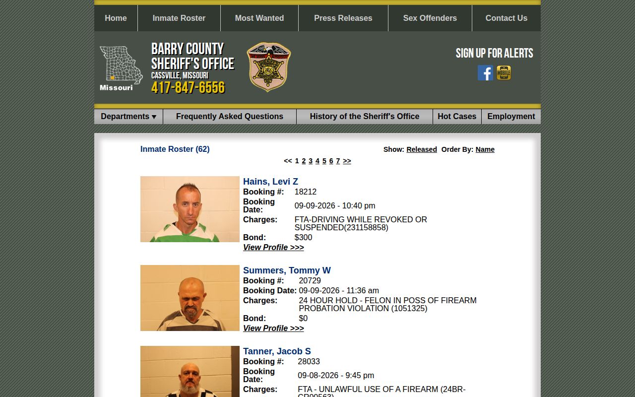 Barry County recent arrest roster showing booking record fields and official image placement