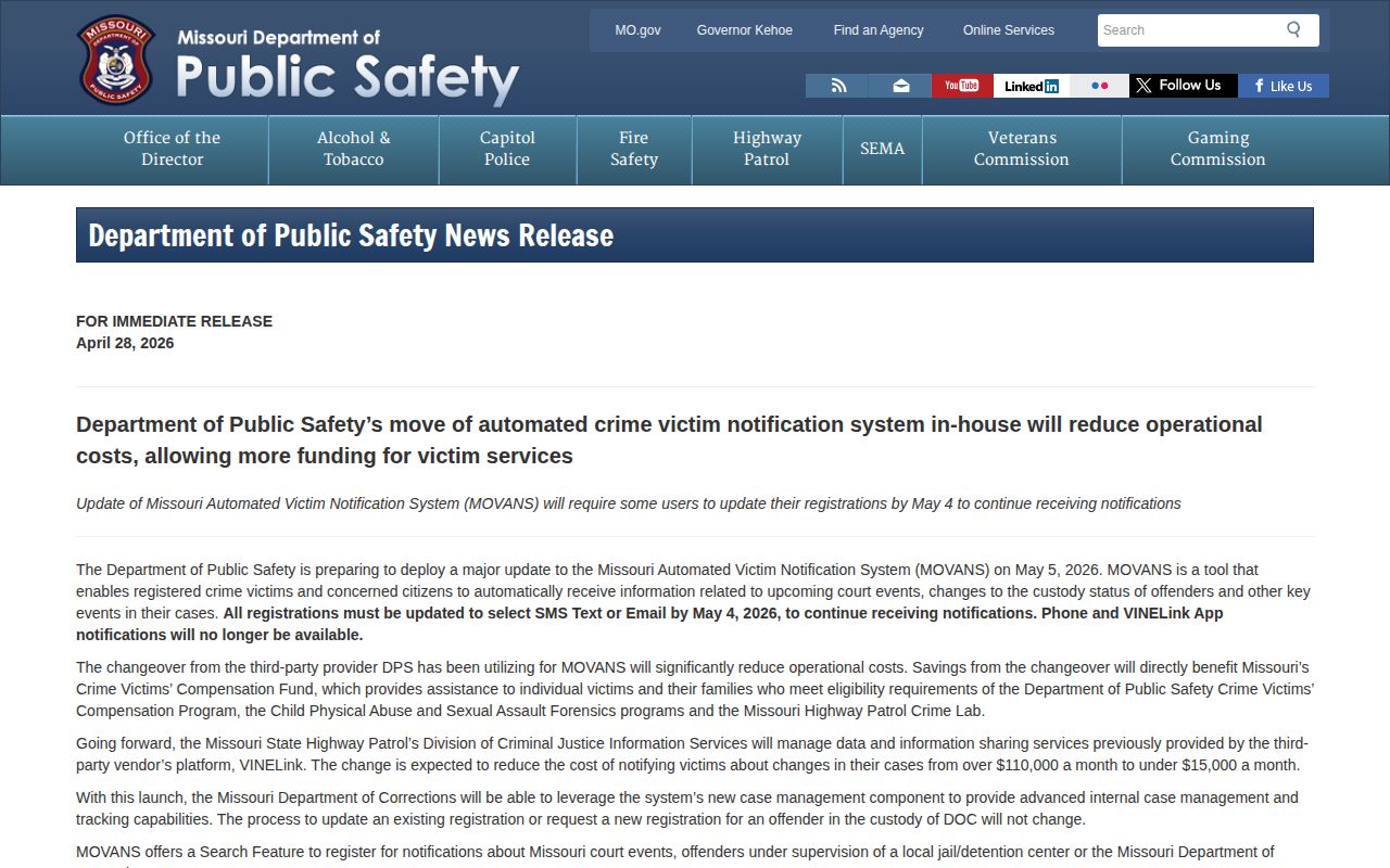 Missouri DPS MOVANS SMS and email alert notice