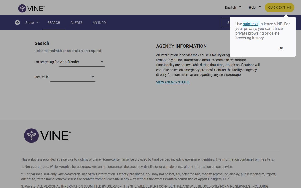 VINELink Missouri person search interface