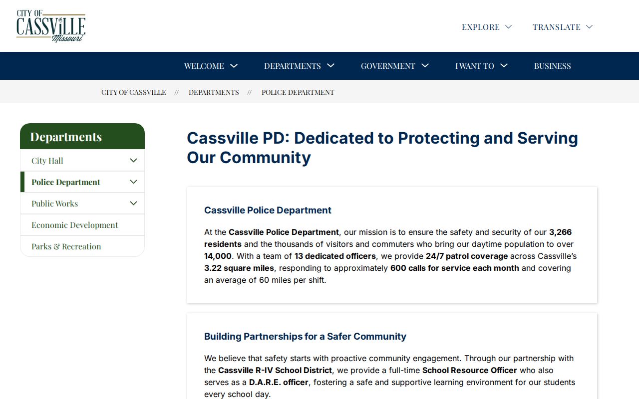 Official Cassville Police Department page with agency contacts and records access
