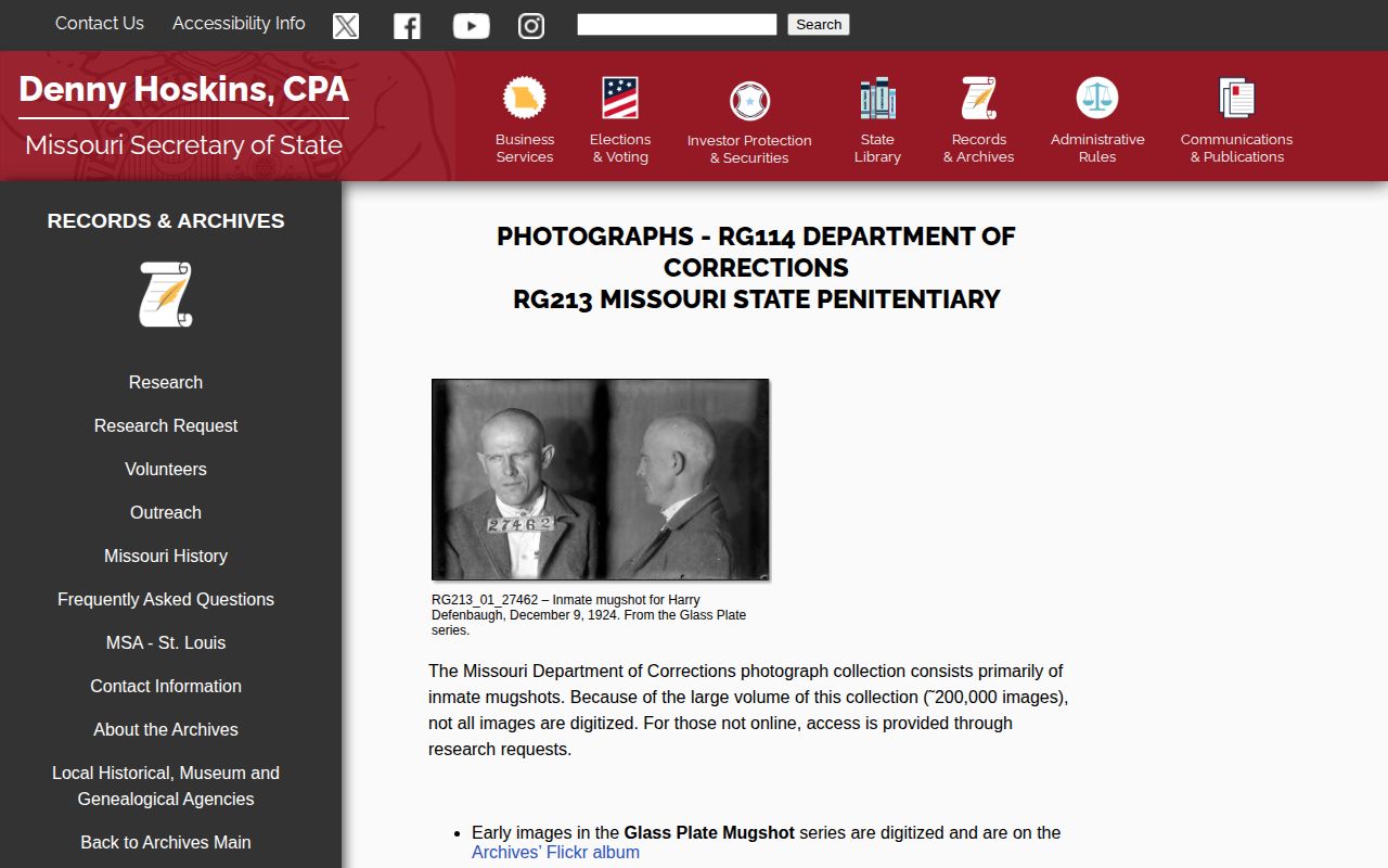 Missouri State Archives historical correctional photograph records separate from Barry County recent arrests